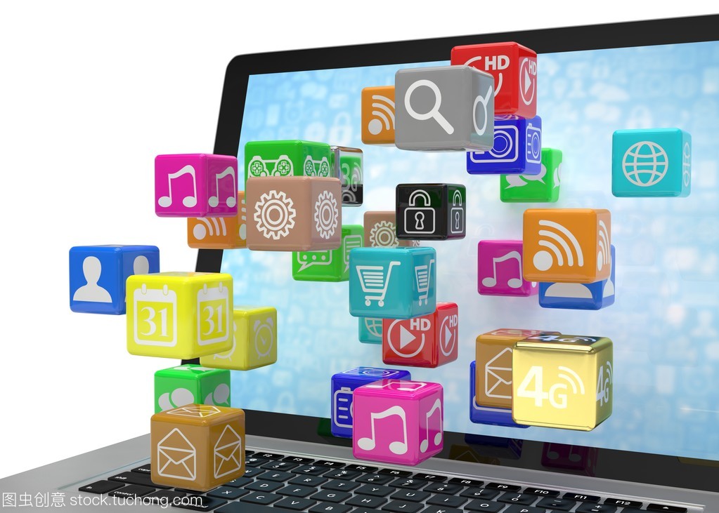 应用程序图标与笔记本电脑 现代计算机应用的视觉与实用界面